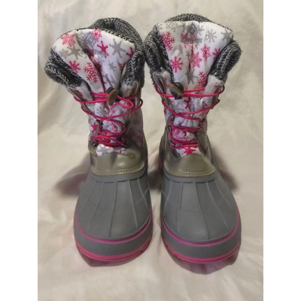 Dream Pairs KMONTE-1 Kids Snow Boots Pink Grey Snowflake Duck Boots Size 6 EUC